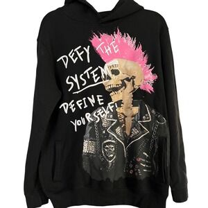 Reason Clothing Defy The System Punk Skeleton Mohawk Hoodie Black Mens Medium